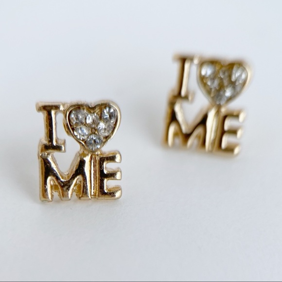 I Love Me Small Self Confidence Gold Tone Stud Earrings with hearts - Picture 3 of 12
